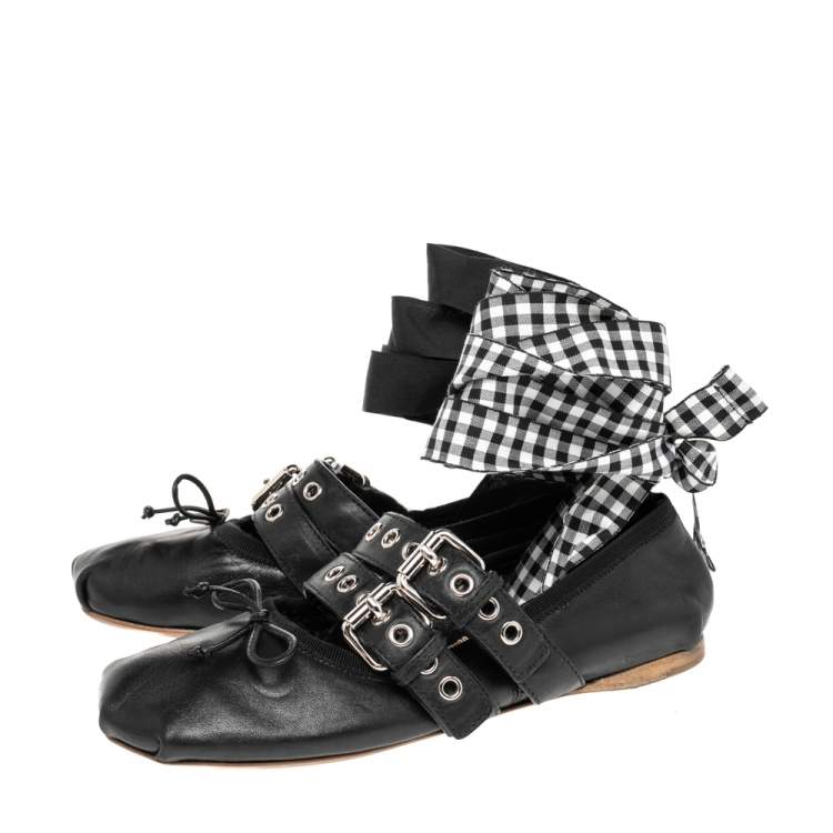 Pre Owned Miu Miu Black Leather Double Buckle Ankle Wrap Flats Size 36