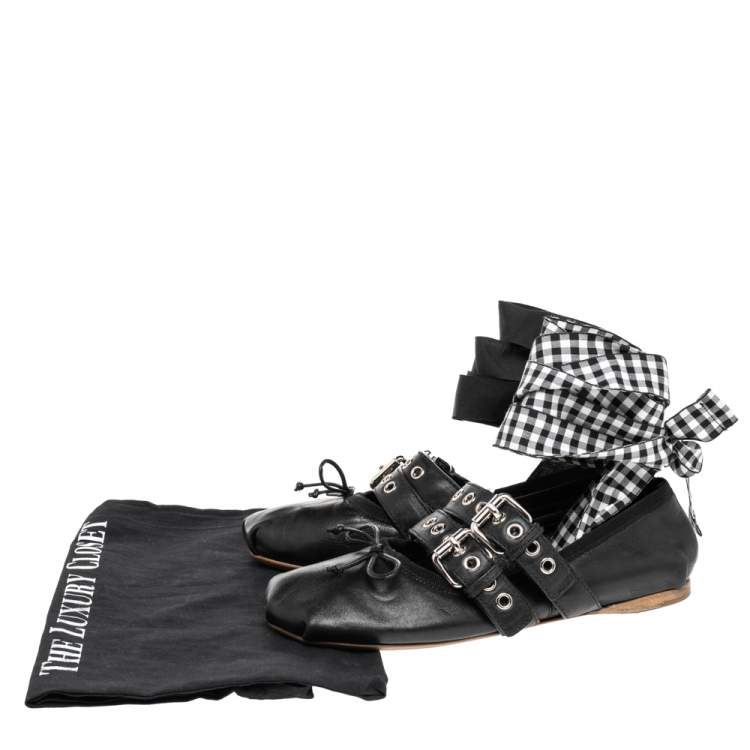 Pre Owned Miu Miu Black Leather Double Buckle Ankle Wrap Flats Size 36
