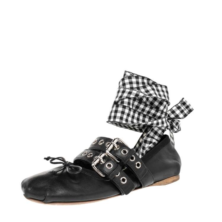 Pre Owned Miu Miu Black Leather Double Buckle Ankle Wrap Flats Size 36