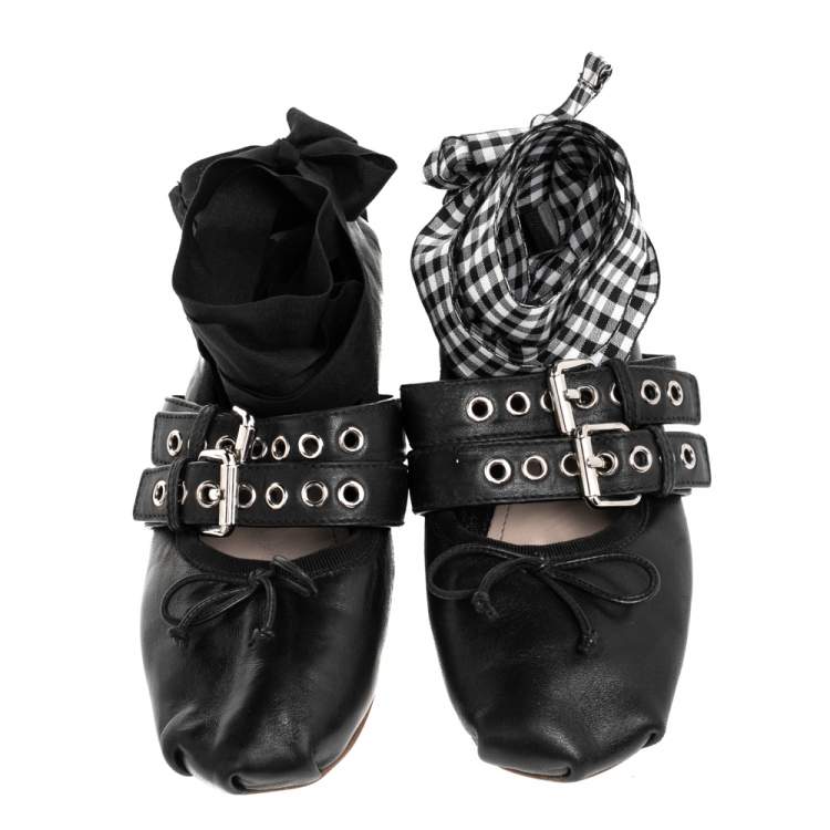 Pre Owned Miu Miu Black Leather Double Buckle Ankle Wrap Flats Size 36