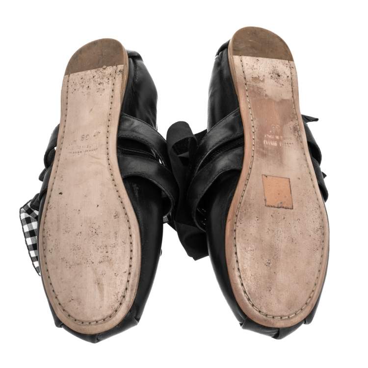 Pre Owned Miu Miu Black Leather Double Buckle Ankle Wrap Flats Size 36