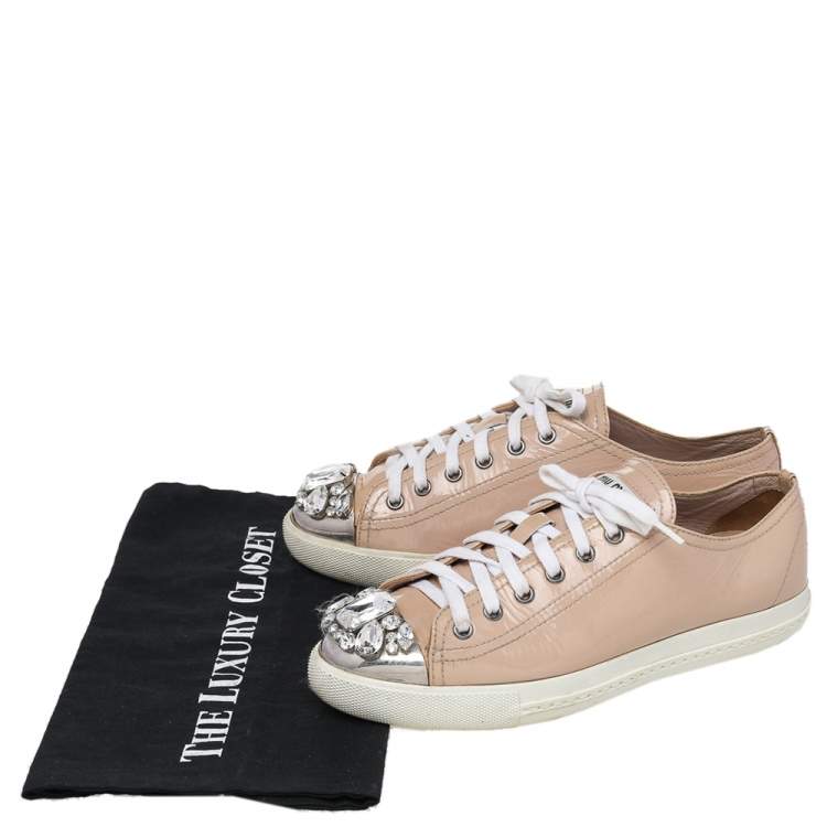 Pre Owned Miu Miu Beige Patent Leather Crystal Embellished Cap Toe Sneakers Size 38.5