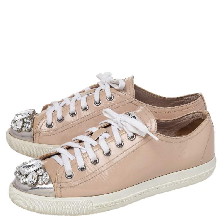 Pre Owned Miu Miu Beige Patent Leather Crystal Embellished Cap Toe Sneakers Size 38.5