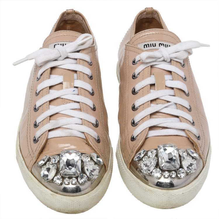 Pre Owned Miu Miu Beige Patent Leather Crystal Embellished Cap Toe Sneakers Size 38.5
