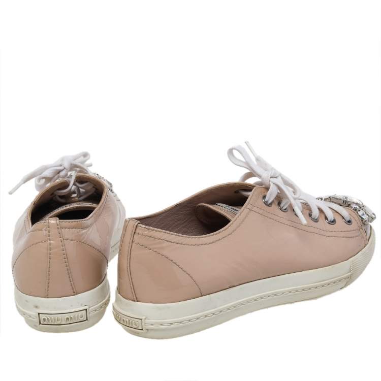 Pre Owned Miu Miu Beige Patent Leather Crystal Embellished Cap Toe Sneakers Size 38.5