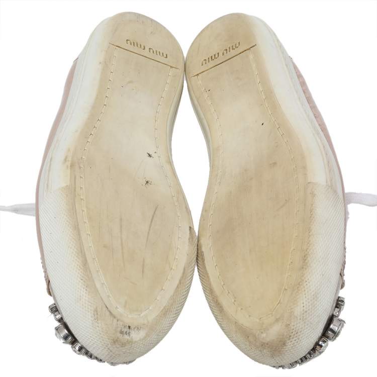 Pre Owned Miu Miu Beige Patent Leather Crystal Embellished Cap Toe Sneakers Size 38.5