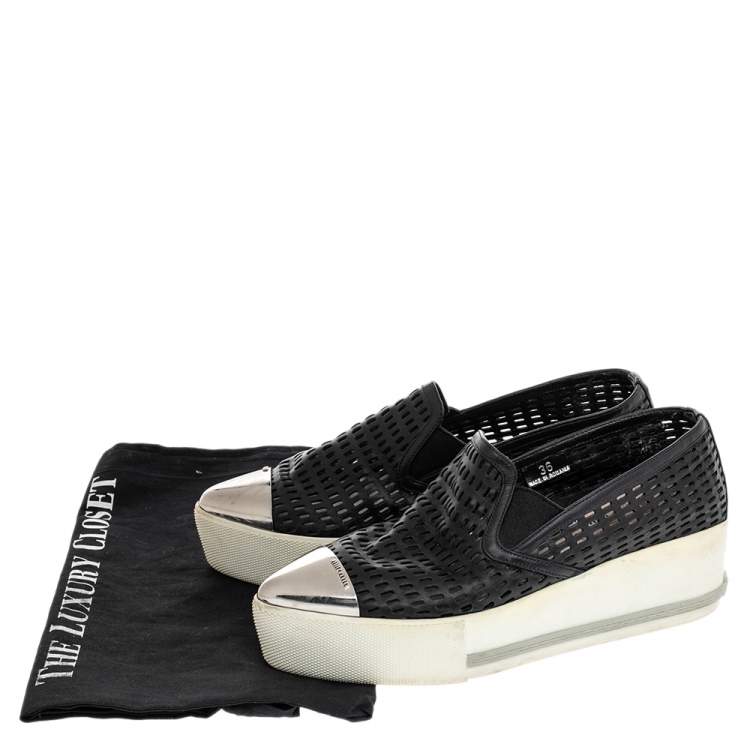 Pre Owned Miu Miu Black Leather Metal Cap Toe Platform Slip On Sneakers Size 36