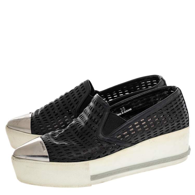 Pre Owned Miu Miu Black Leather Metal Cap Toe Platform Slip On Sneakers Size 36