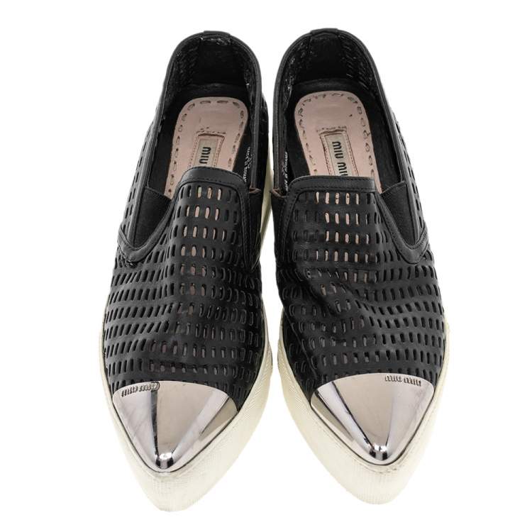 Pre Owned Miu Miu Black Leather Metal Cap Toe Platform Slip On Sneakers Size 36