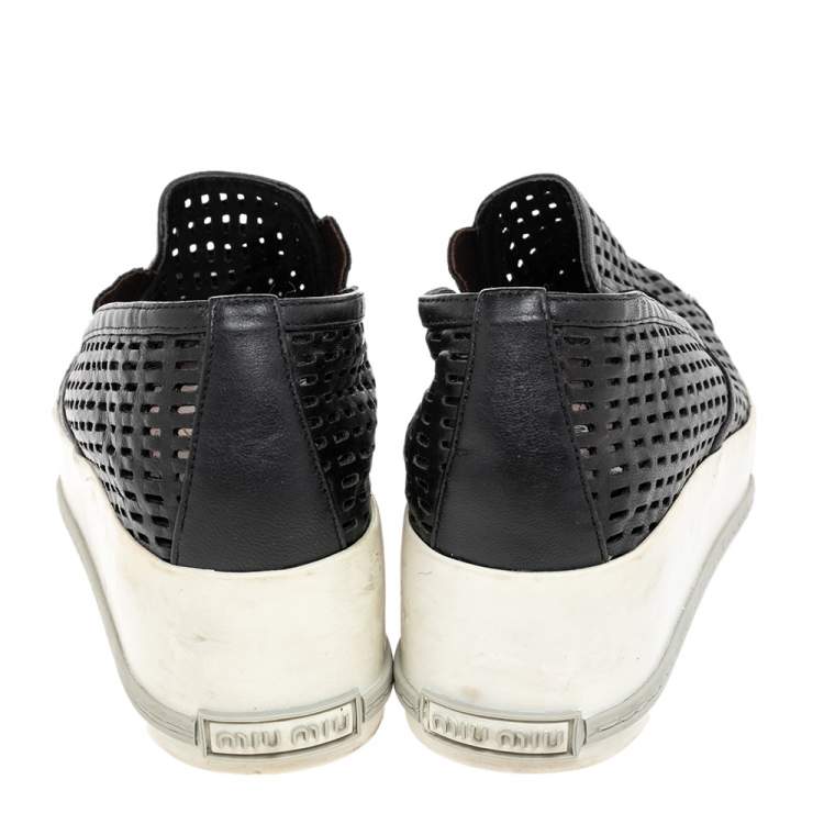 Pre Owned Miu Miu Black Leather Metal Cap Toe Platform Slip On Sneakers Size 36