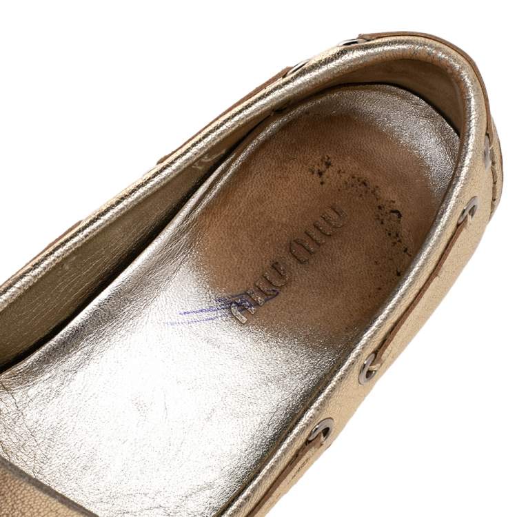 Pre Owned Miu Miu Metallic Gold Crystal Embellished Slip on Loafers Size 36.5