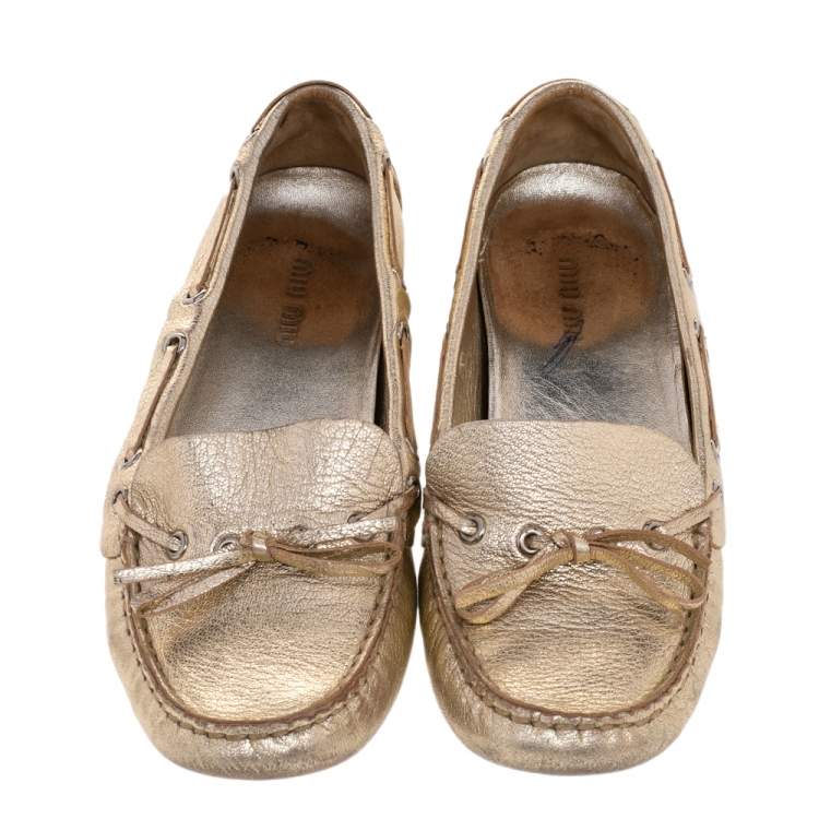 Pre Owned Miu Miu Metallic Gold Crystal Embellished Slip on Loafers Size 36.5