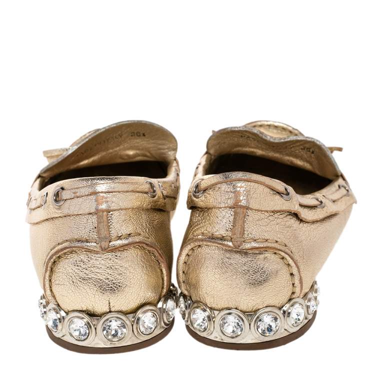 Pre Owned Miu Miu Metallic Gold Crystal Embellished Slip on Loafers Size 36.5