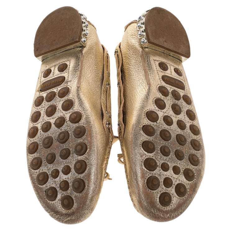 Pre Owned Miu Miu Metallic Gold Crystal Embellished Slip on Loafers Size 36.5