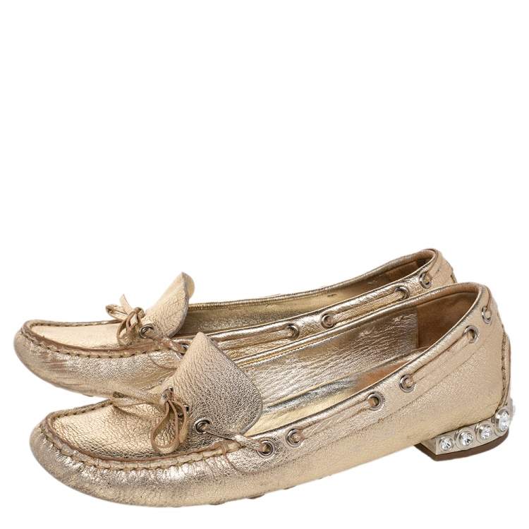 Pre Owned Miu Miu Metallic Gold Crystal Embellished Slip on Loafers Size 36.5
