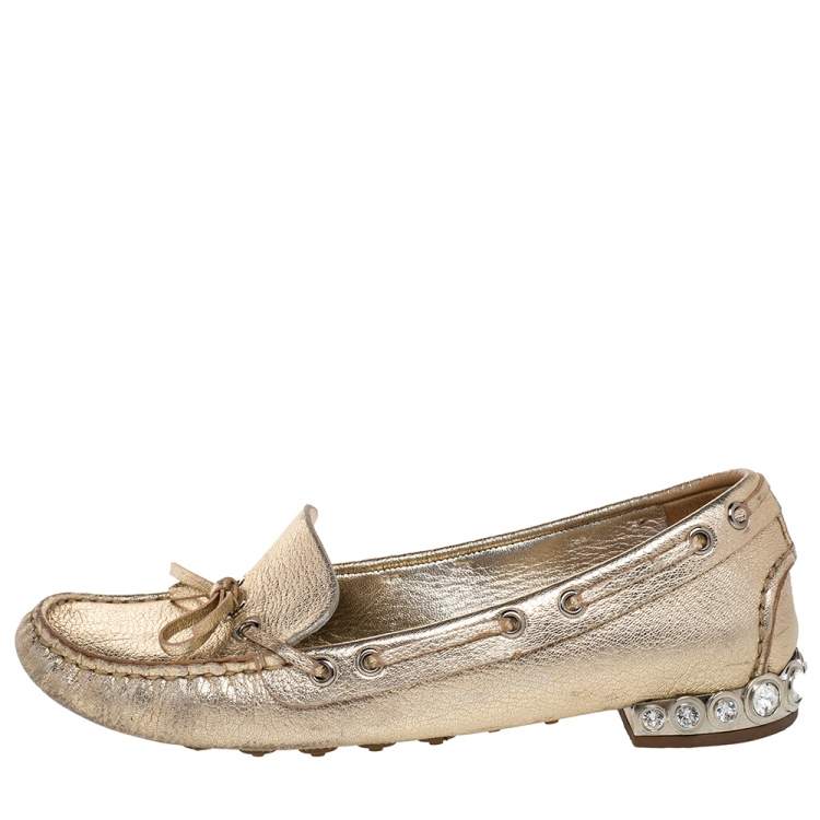 Pre Owned Miu Miu Metallic Gold Crystal Embellished Slip on Loafers Size 36.5