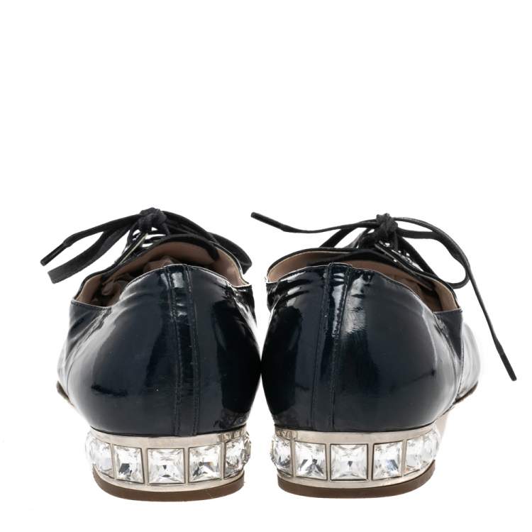 Pre Owned Miu Miu Navy Blue Patent Leather Crystal Embellished Heel Lace Derby Size 37