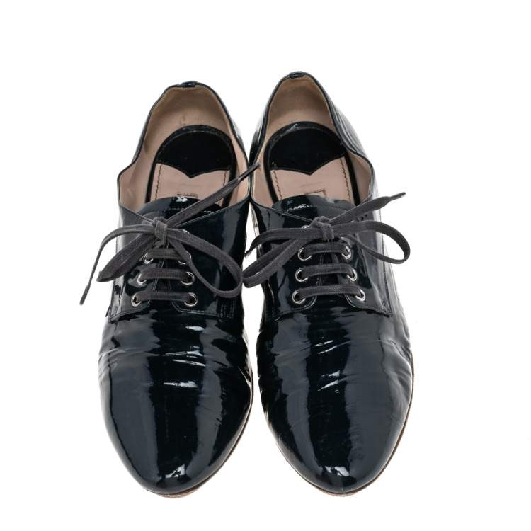Pre Owned Miu Miu Navy Blue Patent Leather Crystal Embellished Heel Lace Derby Size 37