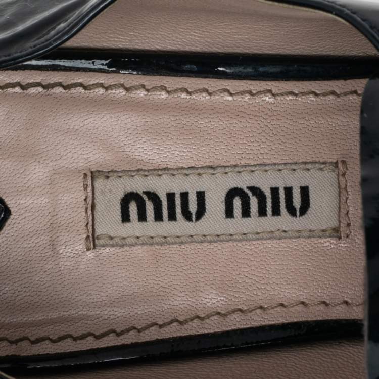 Pre Owned Miu Miu Navy Blue Patent Leather Crystal Embellished Heel Lace Derby Size 37