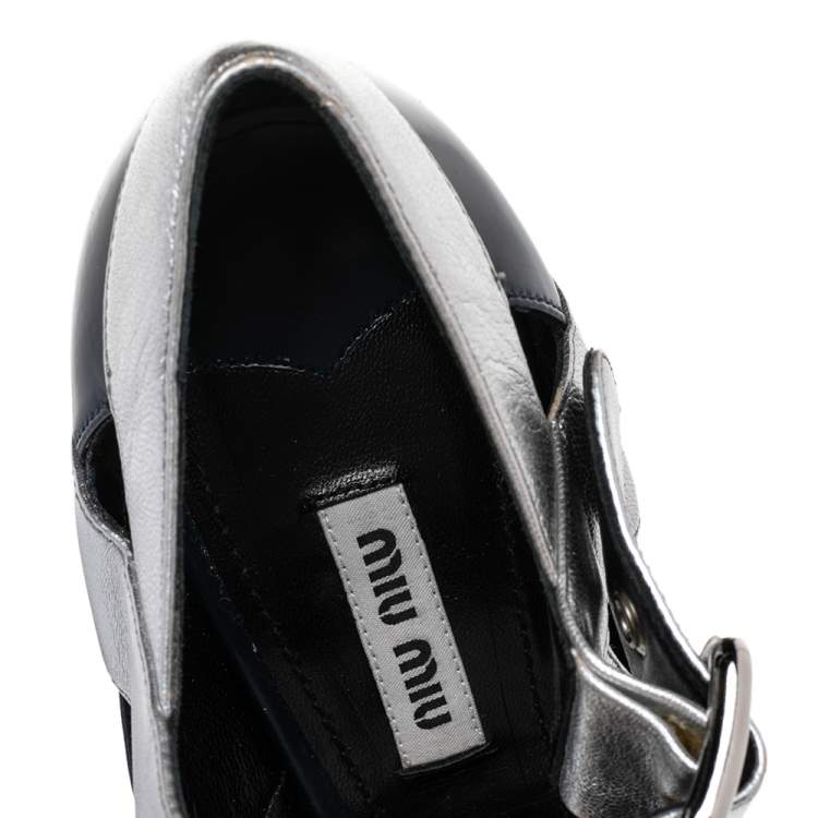 Pre Owned Miu Miu Navy Blue/Silver Leather Mary Jane Platform Block Heel Pumps Size 39