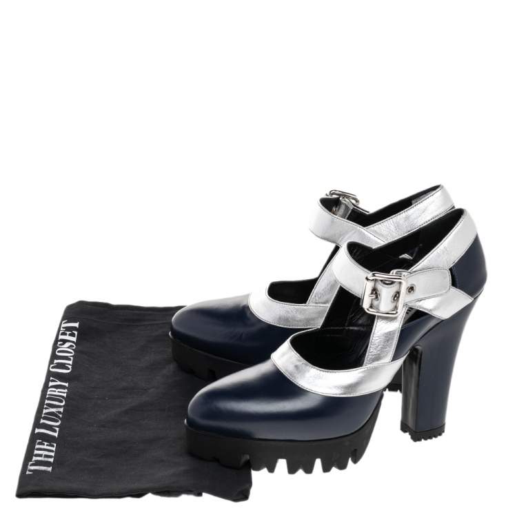 Pre Owned Miu Miu Navy Blue/Silver Leather Mary Jane Platform Block Heel Pumps Size 39