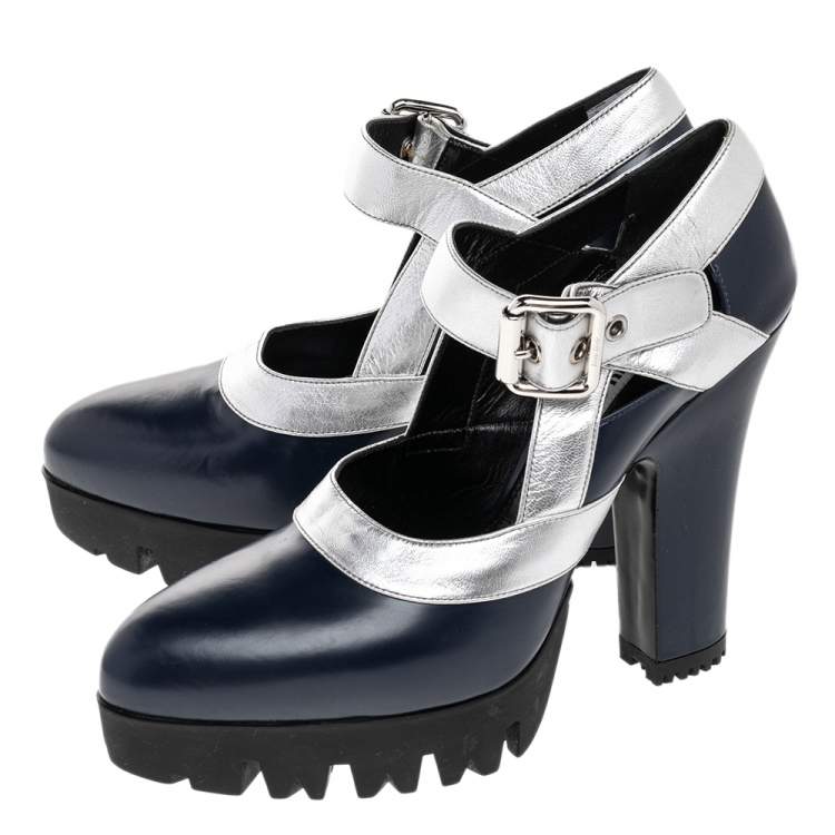 Pre Owned Miu Miu Navy Blue/Silver Leather Mary Jane Platform Block Heel Pumps Size 39
