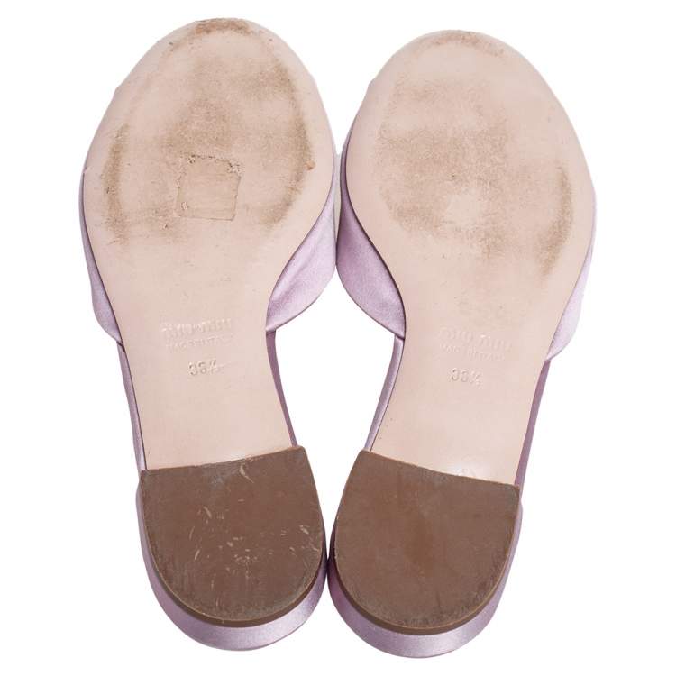 Pre Owned Miu Miu Pink Satin Crystal Embellished Open Toe Slide Flats Size 36.5
