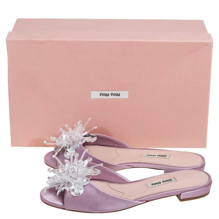 Pre Owned Miu Miu Pink Satin Crystal Embellished Open Toe Slide Flats Size 36.5