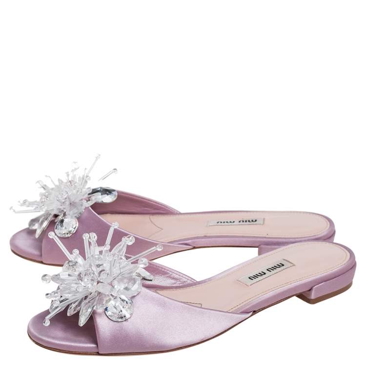 Pre Owned Miu Miu Pink Satin Crystal Embellished Open Toe Slide Flats Size 36.5