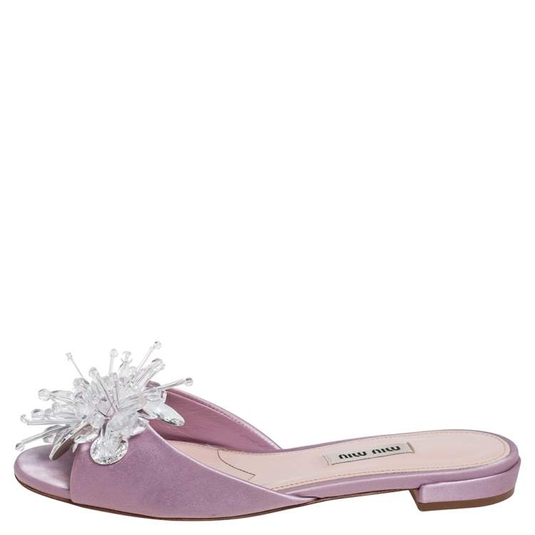 Pre Owned Miu Miu Pink Satin Crystal Embellished Open Toe Slide Flats Size 36.5