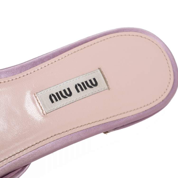 Pre Owned Miu Miu Pink Satin Crystal Embellished Open Toe Slide Flats Size 36.5