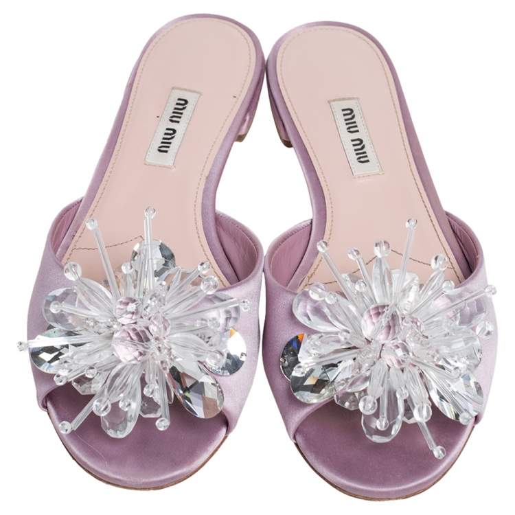Pre Owned Miu Miu Pink Satin Crystal Embellished Open Toe Slide Flats Size 36.5