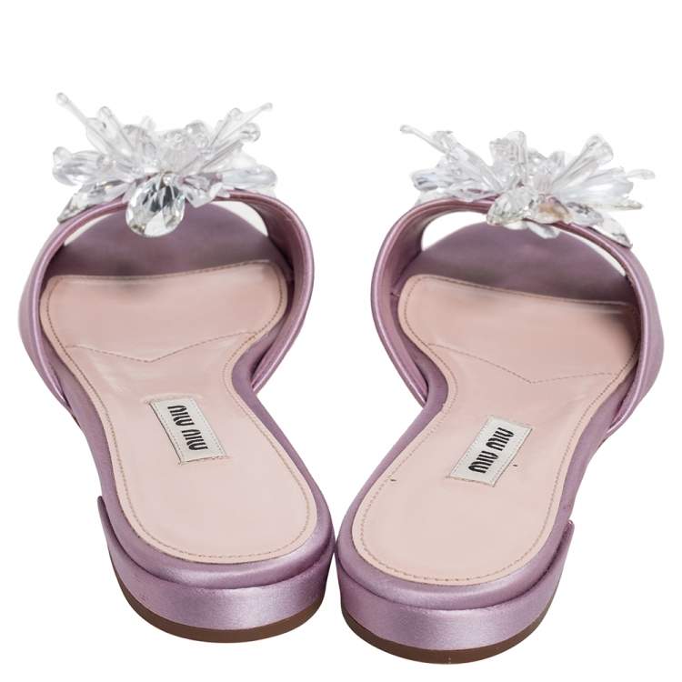 Pre Owned Miu Miu Pink Satin Crystal Embellished Open Toe Slide Flats Size 36.5