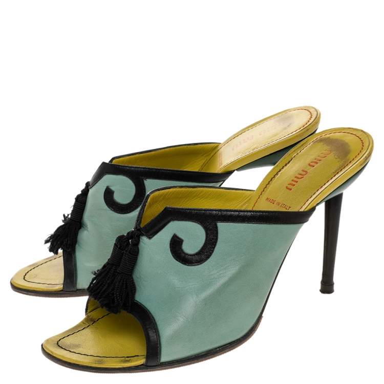 Pre Owned Miu Miu Green/Black Leather Tassel Peep Toe Slide Sandals Size 38.5
