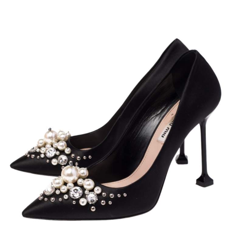 Pre Owned Miu Miu Black Satin Crystal and Pearl Embellished Pointed Toe Pumps Size 39