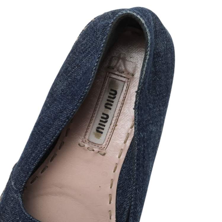 Pre Owned Miu Miu Blue Denim Embellished Platform Espadrille Loafers Size 37