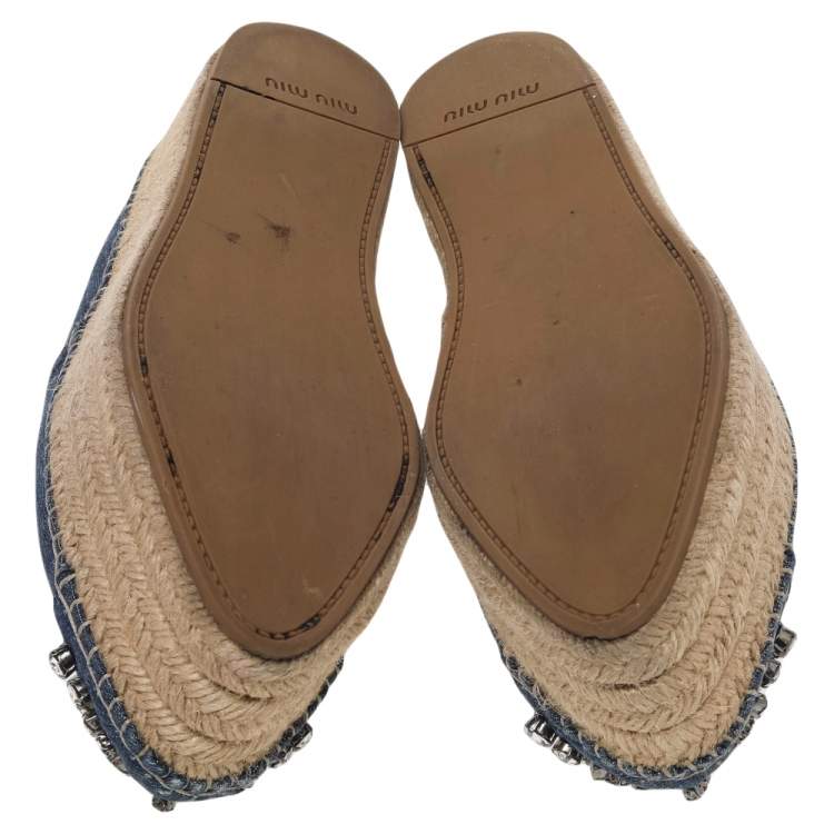 Pre Owned Miu Miu Blue Denim Embellished Platform Espadrille Loafers Size 37