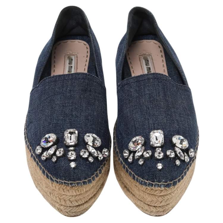 Pre Owned Miu Miu Blue Denim Embellished Platform Espadrille Loafers Size 37