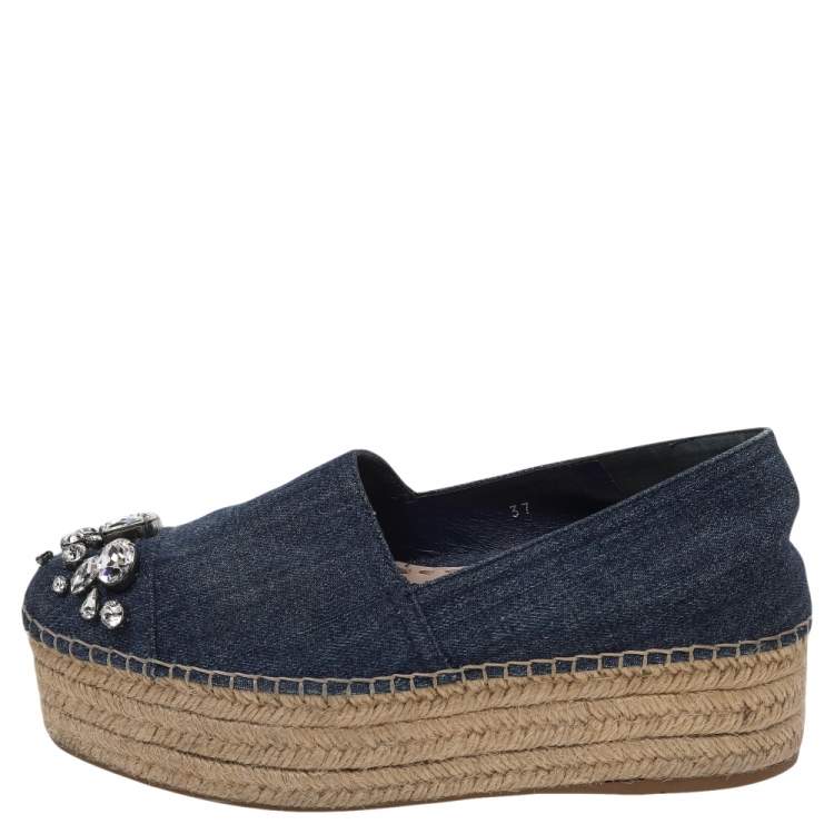 Pre Owned Miu Miu Blue Denim Embellished Platform Espadrille Loafers Size 37
