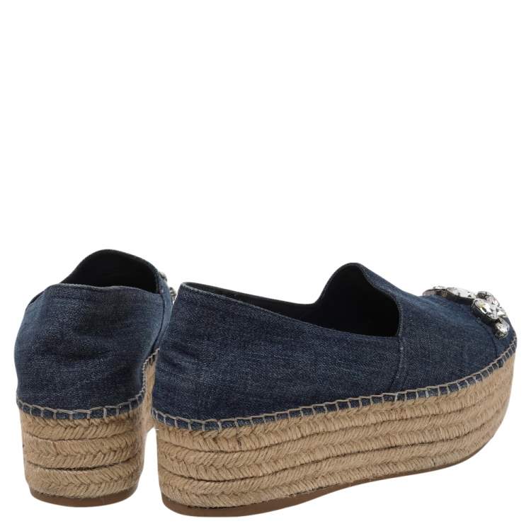 Pre Owned Miu Miu Blue Denim Embellished Platform Espadrille Loafers Size 37