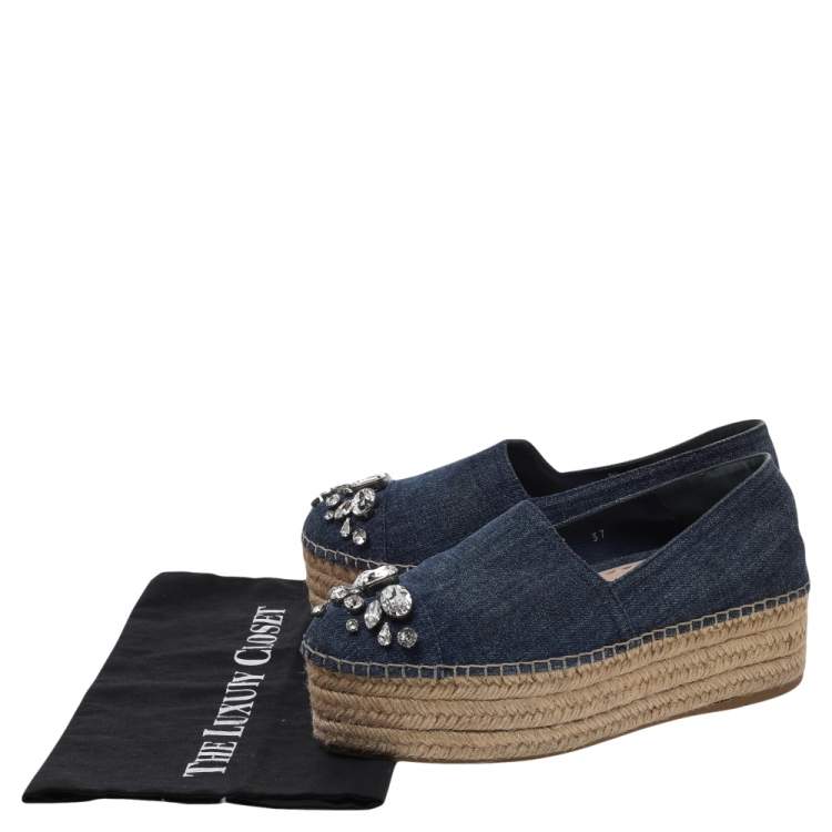 Pre Owned Miu Miu Blue Denim Embellished Platform Espadrille Loafers Size 37