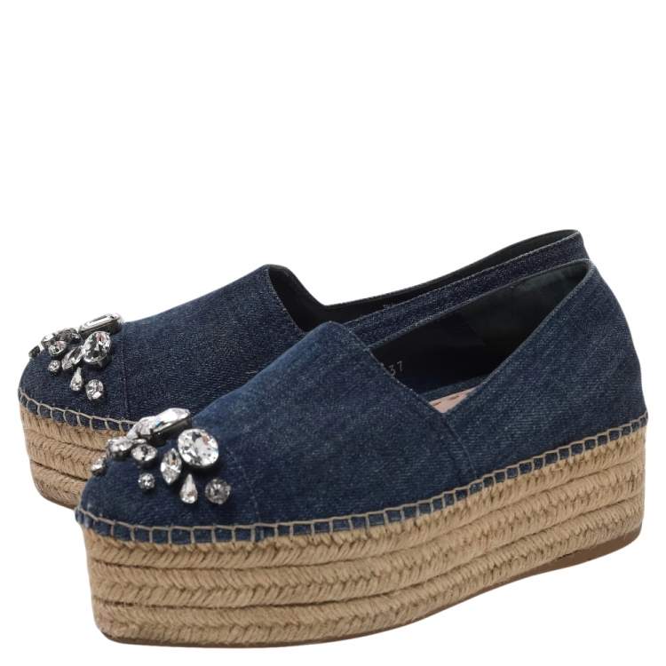 Pre Owned Miu Miu Blue Denim Embellished Platform Espadrille Loafers Size 37