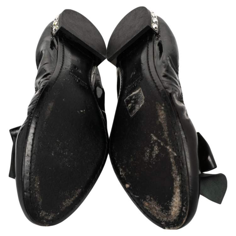 Pre Owned Miu Miu Black Patent Leather Bow Detail Crystal Embellished Scrunch Ballet Flats Size 37