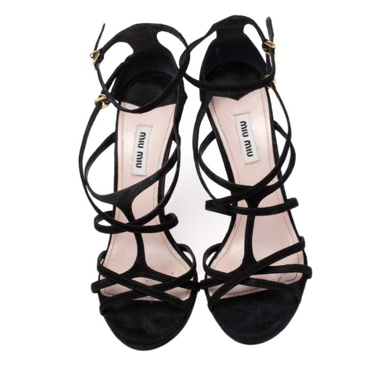 مملوكة مسبقًا Miu Miu Black Suede Open Toe Ankle Strap Sandals Size 39