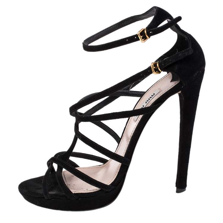 مملوكة مسبقًا Miu Miu Black Suede Open Toe Ankle Strap Sandals Size 39