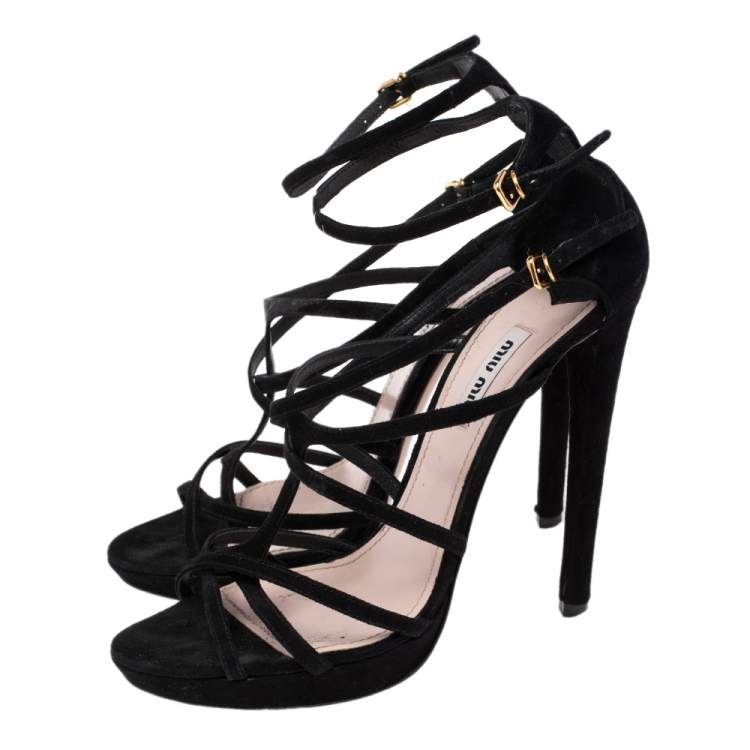 مملوكة مسبقًا Miu Miu Black Suede Open Toe Ankle Strap Sandals Size 39