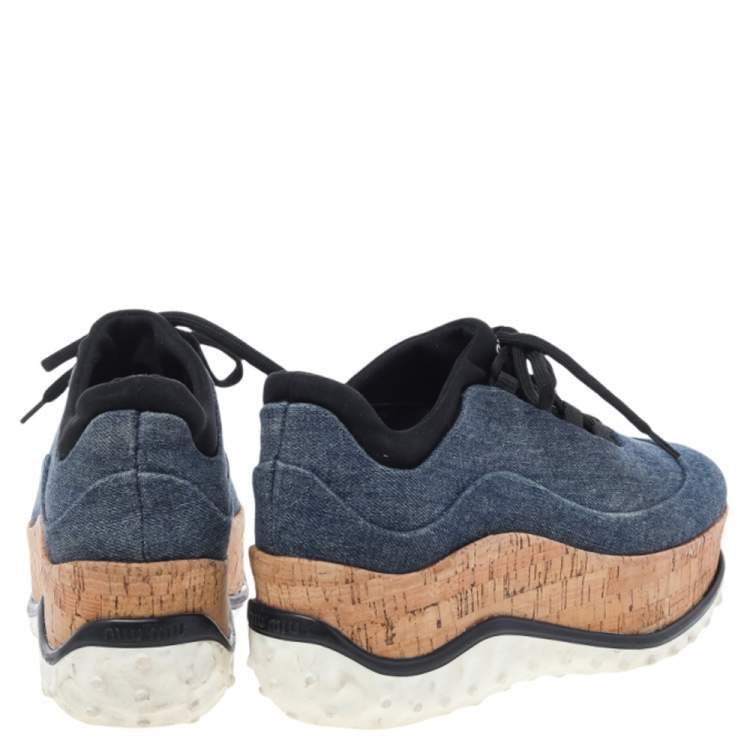 Pre Owned Miu Miu Blue Denim Astro Cork Platform Sneakers Size 36.5