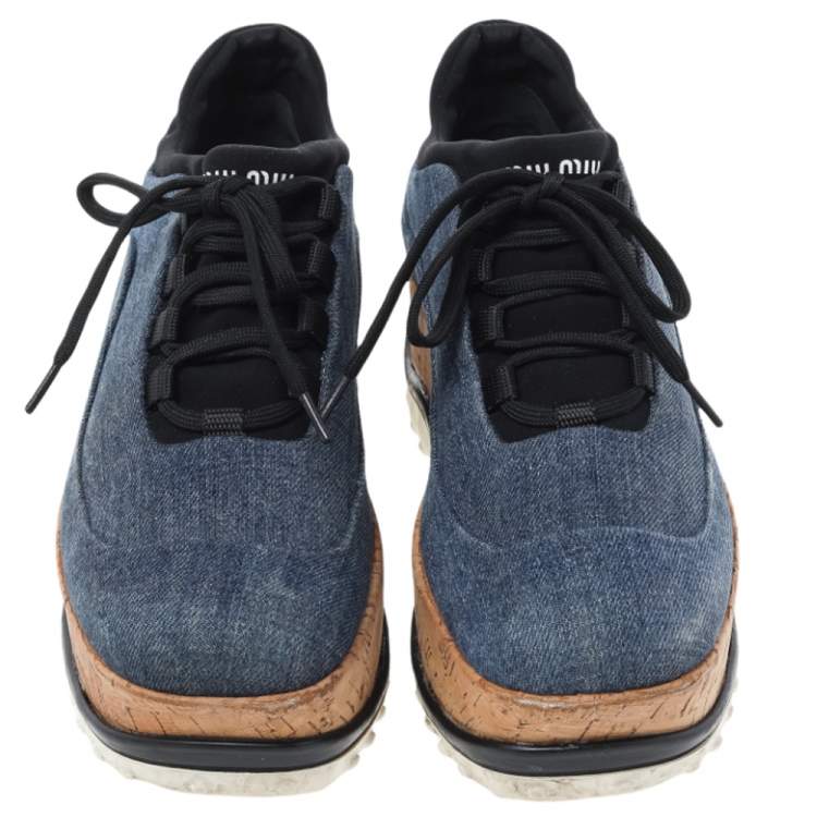 Pre Owned Miu Miu Blue Denim Astro Cork Platform Sneakers Size 36.5