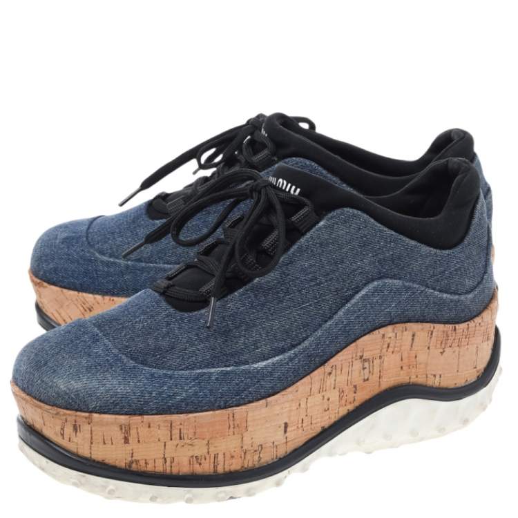 Pre Owned Miu Miu Blue Denim Astro Cork Platform Sneakers Size 36.5