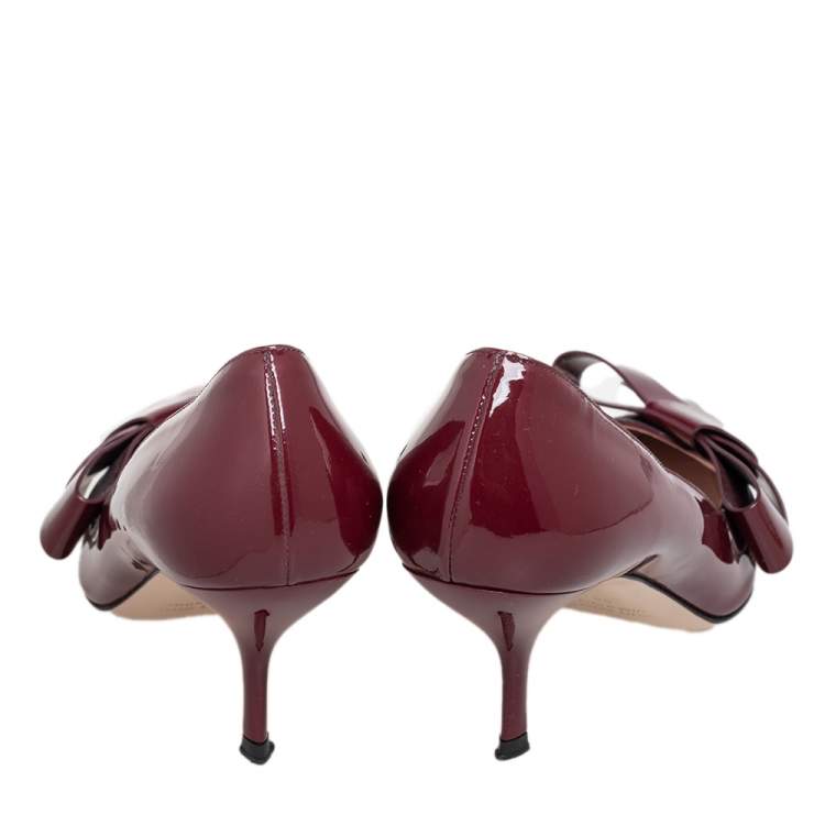 Pre Owned Miu Miu Dark Red Patent Leather Bow Pointed Toe Pumps Size 39